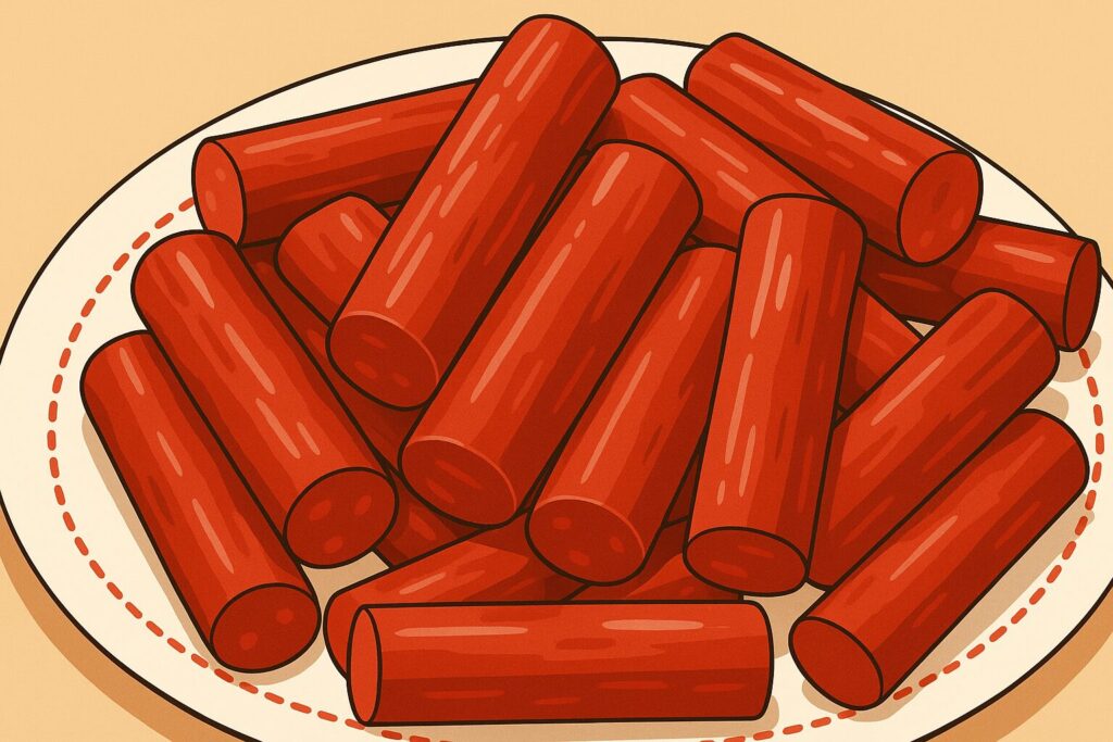 白い皿に盛られた赤いカルパスのイラスト。おつまみやスナックに最適なソーセージの断面をリアルに表現。