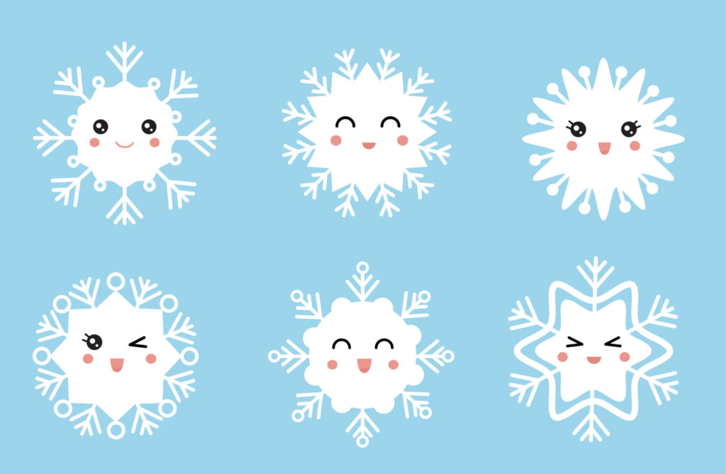 笑顔の雪の結晶を描いたイラスト。霜柱やお菓子の結晶感を子どもに説明するときに活用できるデザイン