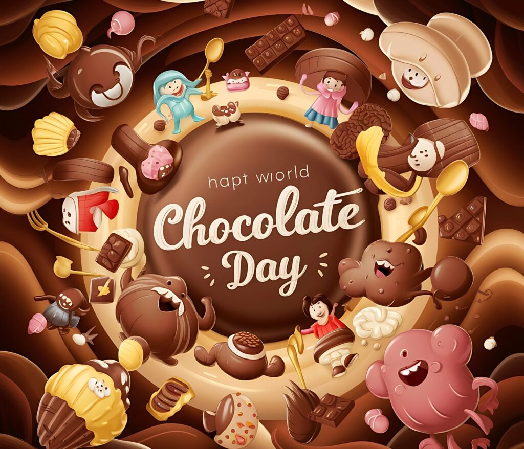 チョコレートデーを祝う可愛らしいキャラクターとチョコ菓子のイラスト背景
