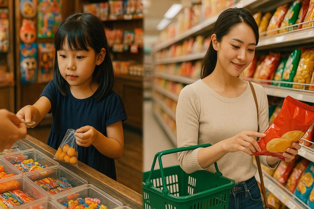駄菓子屋で買い物をする女の子と、スーパーでスナック菓子を選ぶ女性の対比