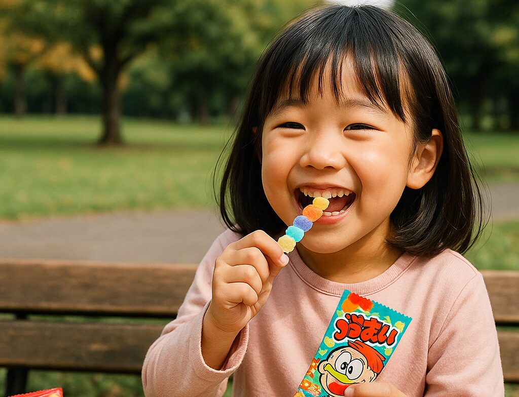 公園のベンチでカラフルな駄菓子を楽しむ女の子の笑顔