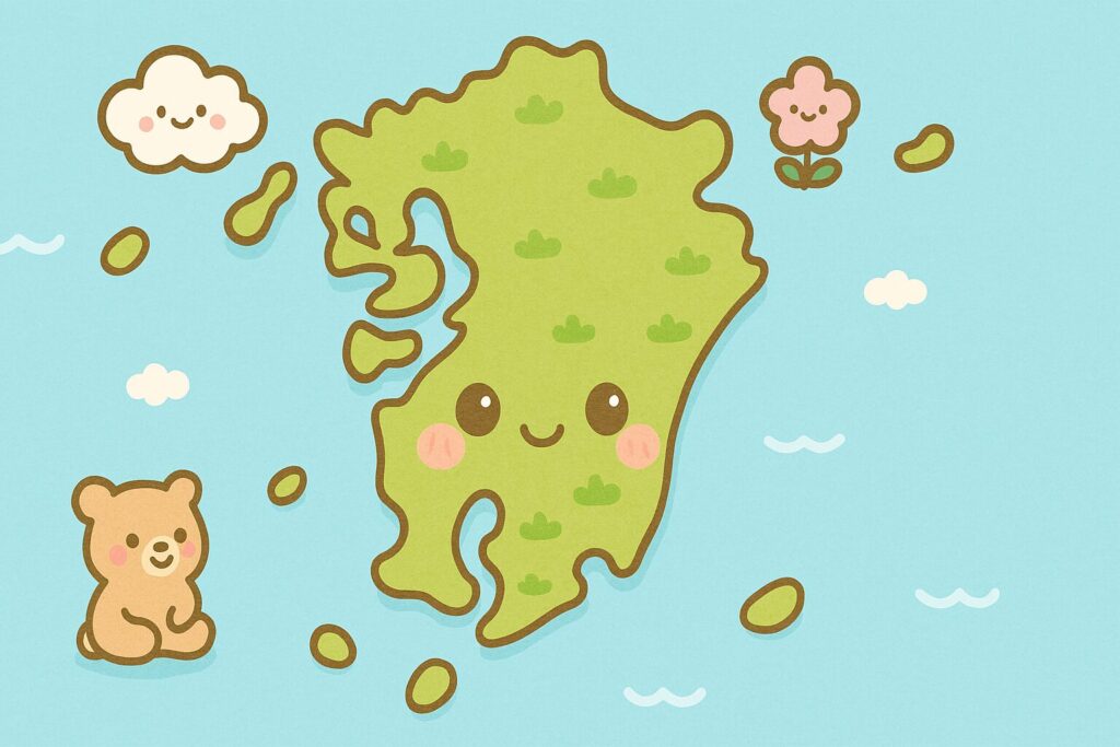 九州の形をしたかわいい笑顔のキャラクターイラスト。周りにはクマや花、雲のキャラクターが描かれ、九州旅行の楽しさを表現している。