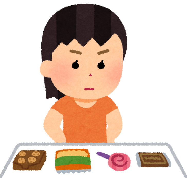 さまざまなお菓子を前に真剣に選ぶ人物のイラスト