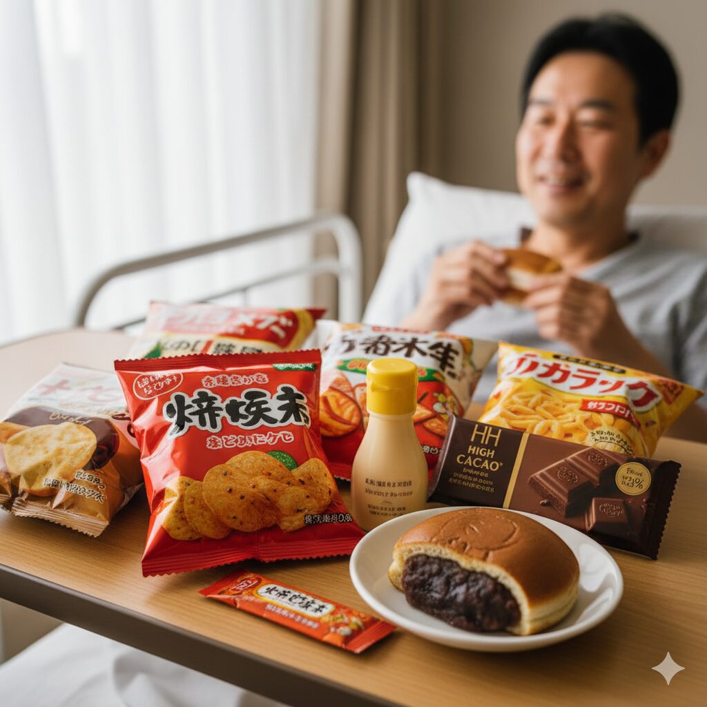 病院のベッドサイドテーブルに、塩味のスナック菓子、濃厚なチョコレート、あんこのどら焼きなど、ジャンクな風味やしっかりとした味付けのお菓子が並べられている。背景には、それらを嬉しそうに見つめるアジア人男性患者の姿がぼんやりと見える。