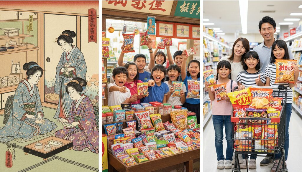 江戸時代の菓子文化、昭和の駄菓子屋、現代のスーパーを並べたイメージ