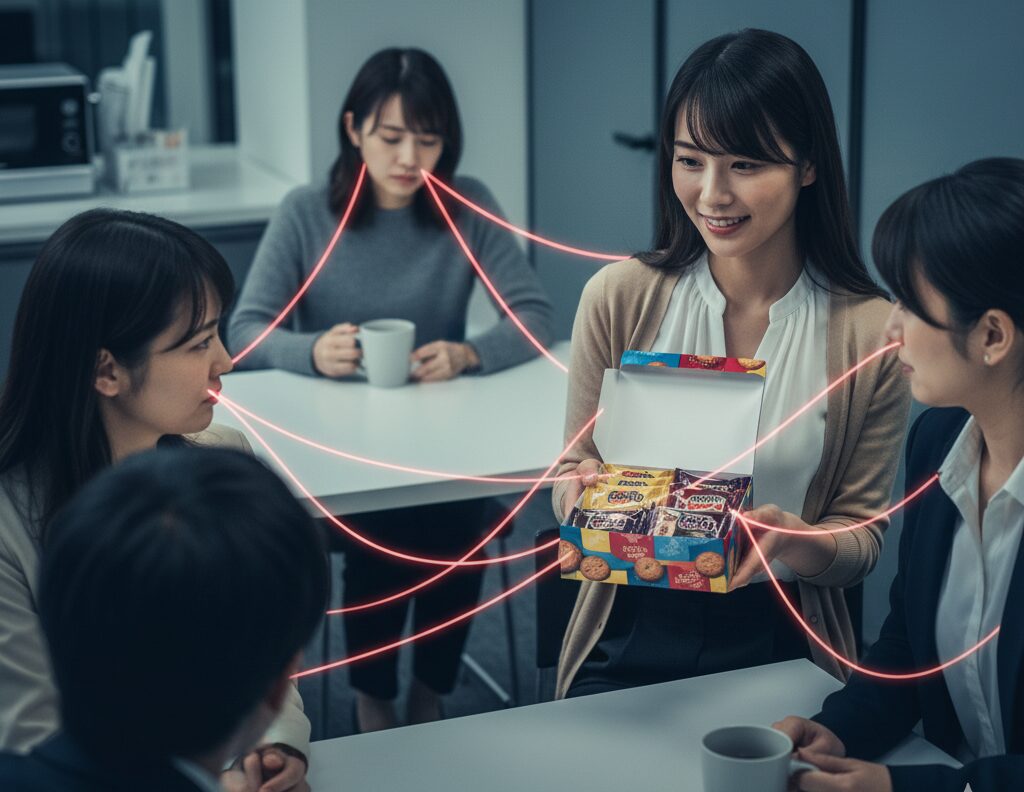 お菓子を配る女性と、その場から外されて孤立している女性の姿。排除の心理や幼稚な行動の構造を示す。