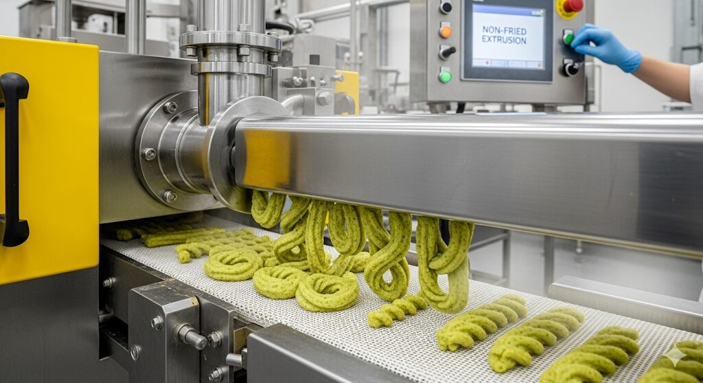 さやえんどうのサクサク食感を生み出すノンフライ製法をイメージした食品加工機（エクストルーダー）。