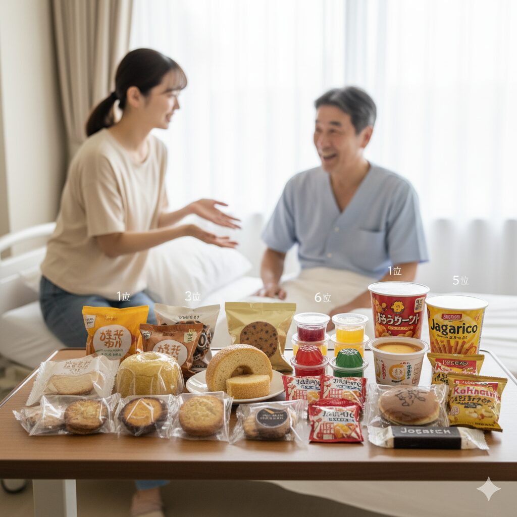 病院のベッドサイドテーブルに、個包装の焼き菓子（クッキー、フィナンシェ）、ゼリー、カップスナック（じゃがりこ）、どら焼きなど、入院中に人気の差し入れが多数並べられている。背景には、それを見ながら会話する若い女性とアジア人男性患者がぼやけて写っている。