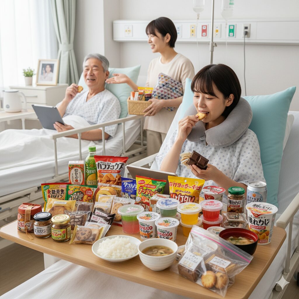 病院のベッドに座る若い女性患者が、コンビニで購入したと思われるお菓子（チョコレートやクッキーなど）を食べながらタブレットを見ている。サイドテーブルには、コンビニで手軽に買える個包装のスナック、焼き菓子、ゼリー、レトルト食品などがたくさん並べられている。背景には、他のアジア人男性患者や見舞いに来た女性が映っている。
