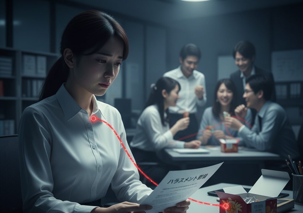 暗いオフィスで、同僚たちがお菓子を分け合う一方、手元の紙を見つめながら涙を流す女性。職場ハラスメントの象徴的場面。