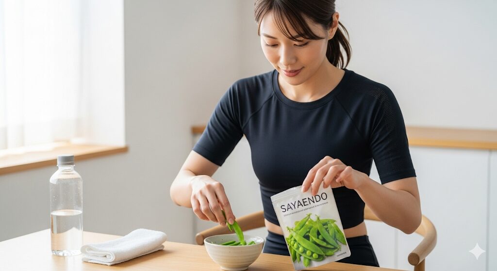 ダイエット中のおやつとして、ヘルシーなさやえんどうのお菓子を小皿に分けて準備している健康的な女性。