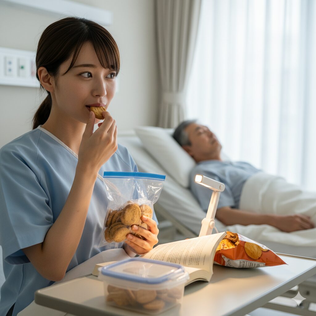 病院のベッドに座る若い女性が、ジップロックに入れたクッキーを静かに食べながら本を読んでいる。サイドテーブルにはタッパーに入ったお菓子と小さな読書灯が置かれている。背景には、他のベッドで眠っているアジア人男性患者の姿があり、周囲に配慮している様子がうかがえる。