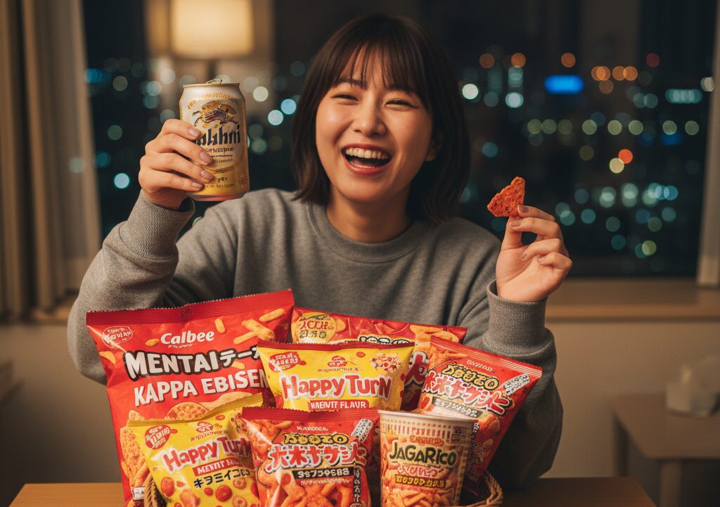 部屋でリラックスしながら、女性がビールを片手に「かっぱえびせん明太子味」や「ハッピーターン明太子味」など、九州限定のピリ辛スナックを美味しそうに食べている。