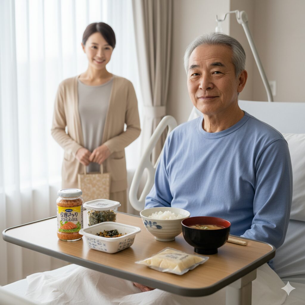 病院のベッドに座る高齢のアジア人男性患者が、ご飯と味噌汁の病院食に加えて、差し入れの鮭フレークや海苔の佃煮といった瓶詰めのおかずが並んだサイドテーブルの前で穏やかに微笑んでいる。背景には、差し入れを持ってきた若い女性が立っている。