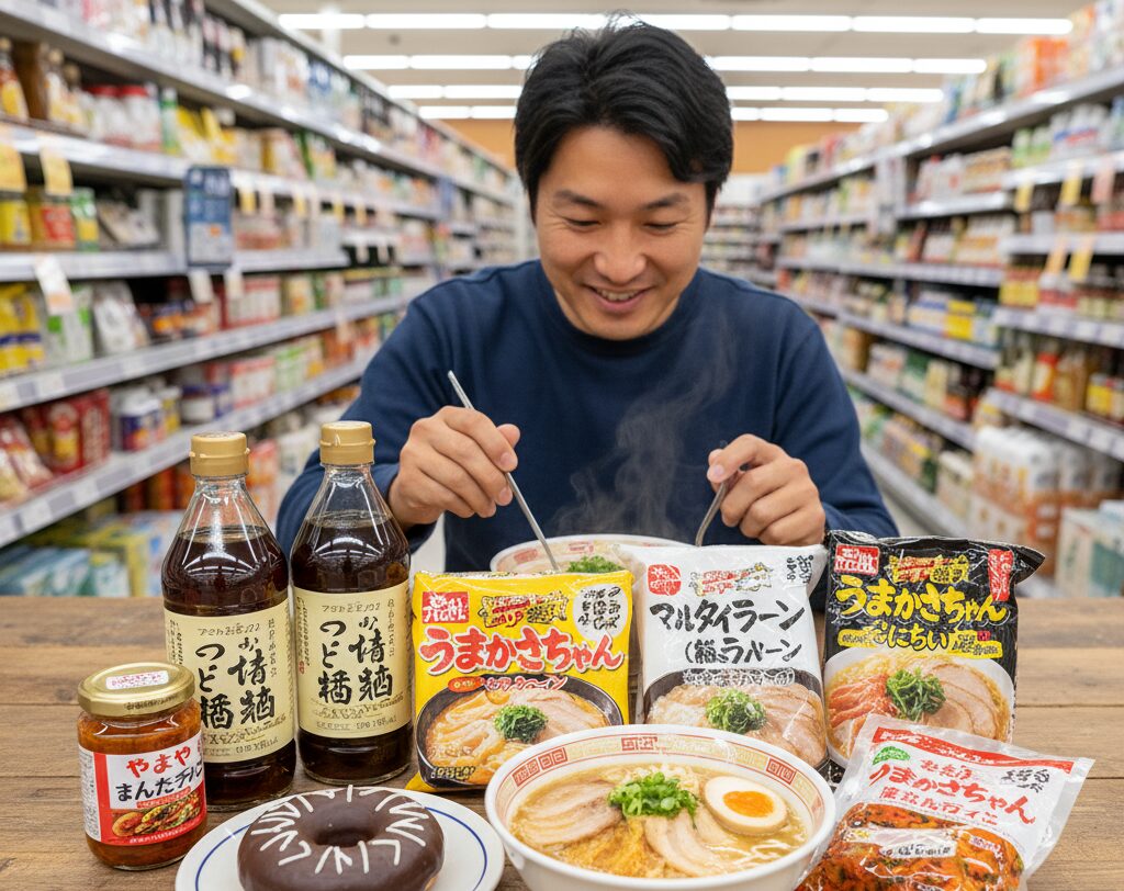 食卓で男性が九州のソウルフードである「うまかっちゃん」と「マルタイラーメン」を食べ比べしている。テーブルにはリョーユーパンの「マンハッタン」や九州の醤油も並んでいる