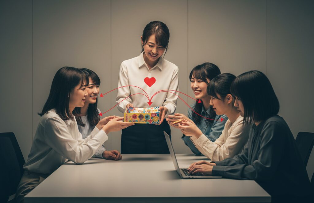 笑顔の女性たちが机を囲んでお菓子を分け合う、和やかな職場の様子。互いに信頼関係を築く雰囲気が伝わる。