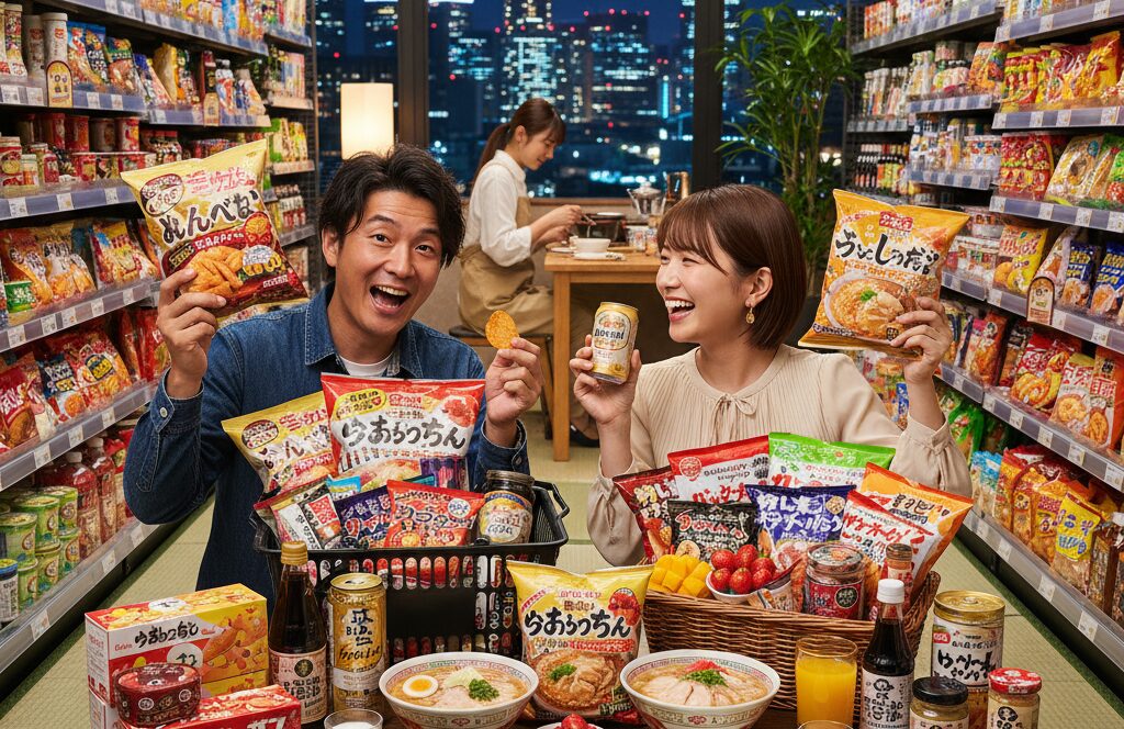 夜景が見える部屋で、男女がスーパーで買った九州限定のお菓子やラーメン、調味料をテーブルいっぱいに広げ、ビールを片手に笑顔で乾杯している。