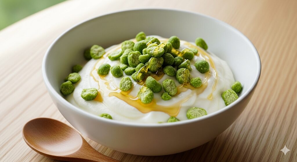 砕いたさやえんどうと蜂蜜をトッピングしたギリシャヨーグルトのヘルシーな食べ合わせアレンジ。