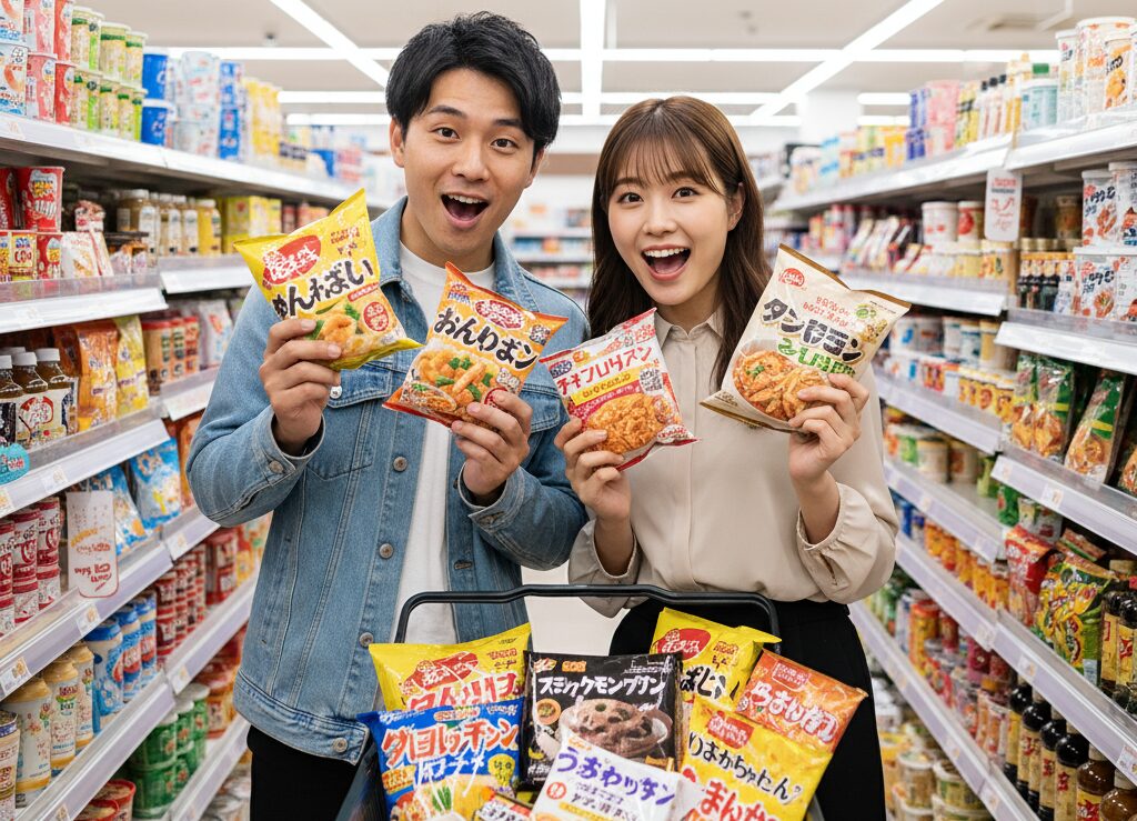 スーパーマーケットのお菓子売り場で、若いカップルが「めんべい」や「チロリアン」など九州限定のお菓子を手に取り、楽しそうにお土産を選んでいる様子。
