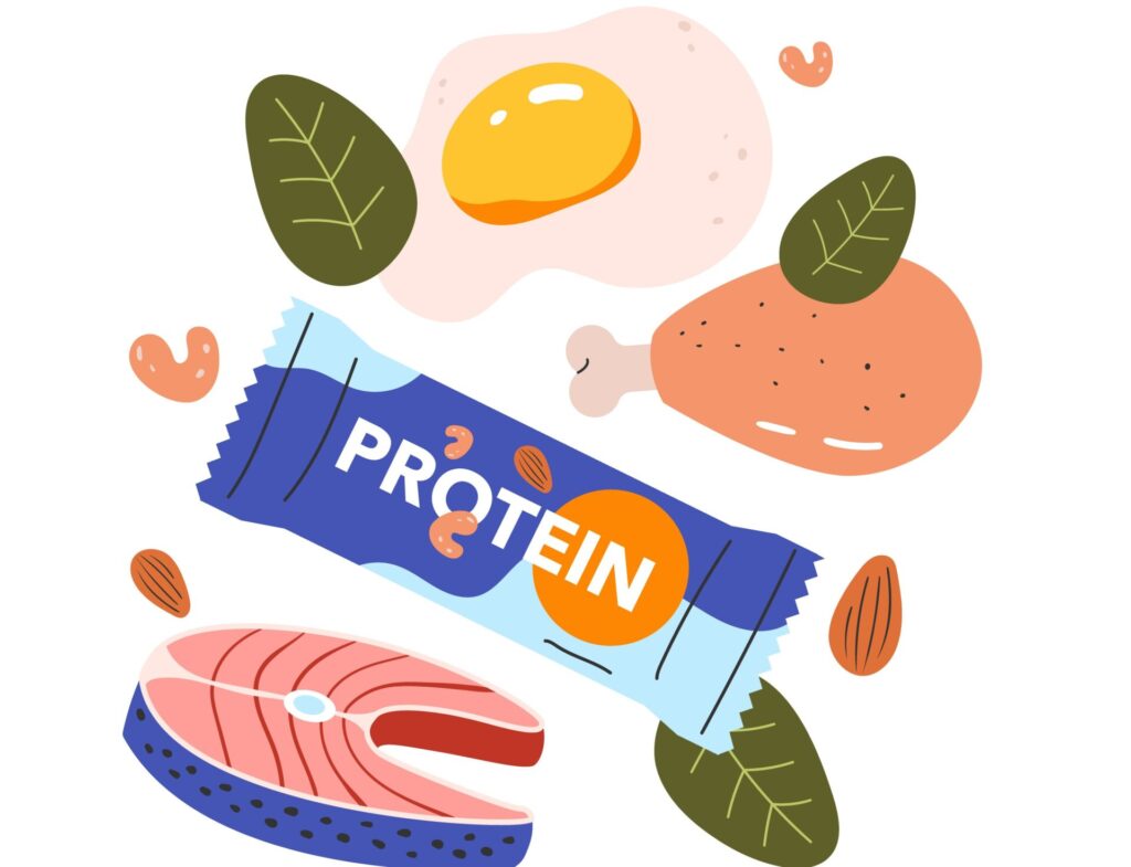 プロテインバー、鶏肉、サーモン、卵、ナッツなど、タンパク質が豊富で健康的な置き換えに適した食品のイラスト。