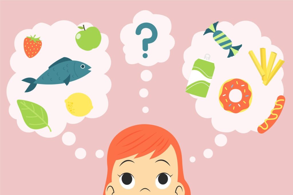 健康的な果物や魚と、ドーナツやポテトといったお菓子を比べて、どちらを食べようか悩んでいる女の子のイラスト