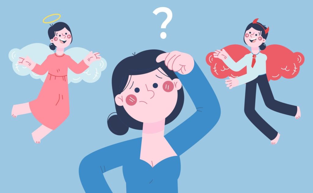 「お菓子を食べたい」という誘惑(悪魔)と「健康的に痩せたい」という理性(天使)の間で葛藤する女性のイラスト。