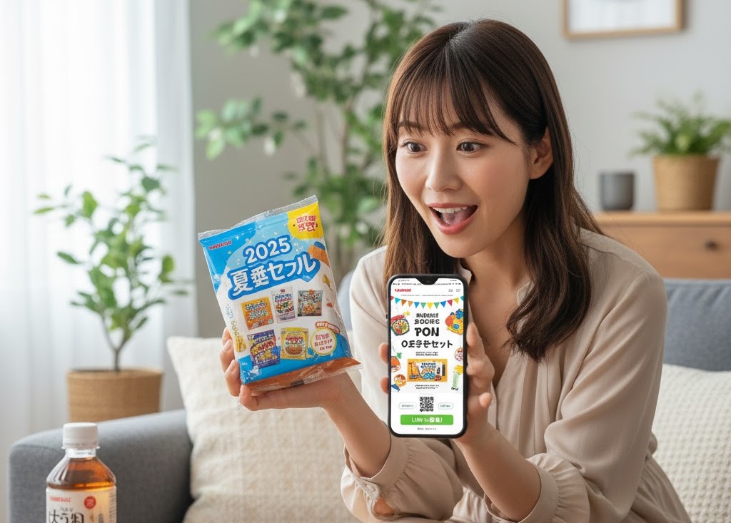 マザキ「2025夏のフェスティバル」のお菓子セットの袋と、LINE応募キャンペーンのスマホ画面を持って驚いている若い日本人女性。