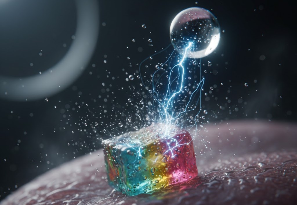 口の中で弾けるキャンディが、炭酸ガスを放出してパチパチする様子を表現したイメージ。指先に乗ったカラフルなキャンディから電光が走り、水滴が飛び散っている。