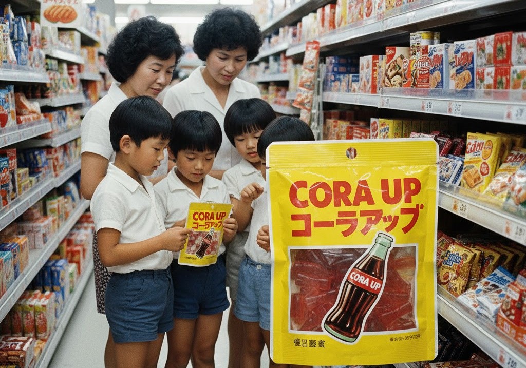 駄菓子屋のお菓子の棚に並んだ「コーラアップ」を、小さな男の子が指さして見ている、昭和の懐かしい風景。