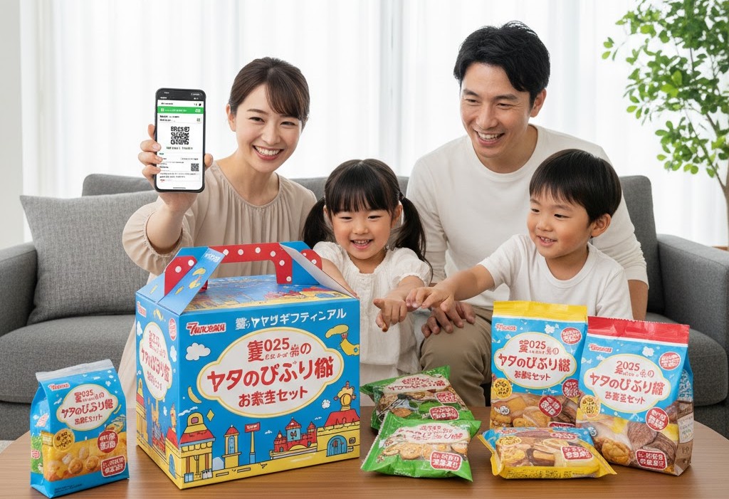 ヤマザキ「お菓子のびっくり箱」（お城デザインの箱）が当選し、箱いっぱいのスナック菓子を前に家族みんなで大喜びしている様子。