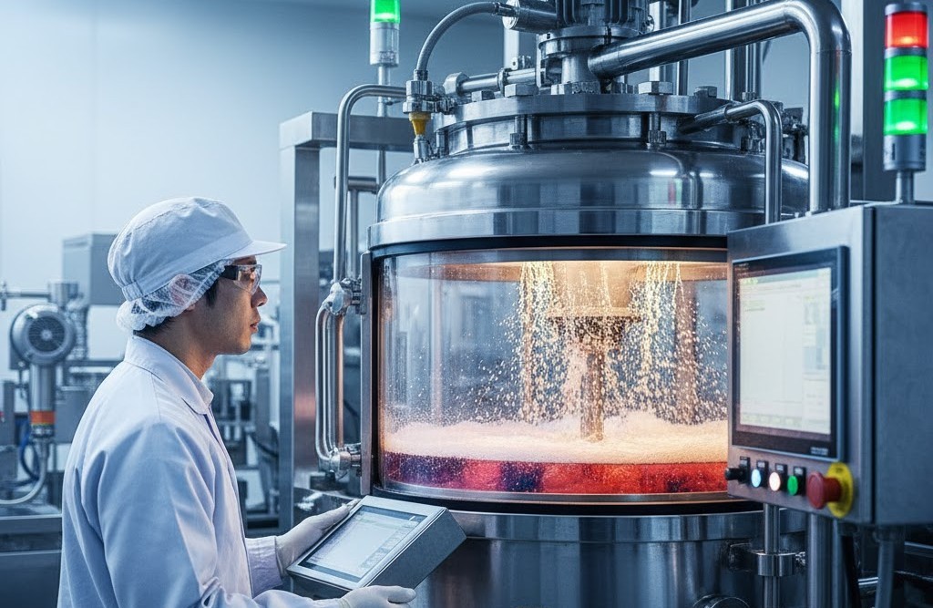 白衣を着た技術者が、工場で高圧炭酸ガスをキャンディ原料に封入する特殊な製造装置を操作している様子。透明な釜の中で液体が泡立っている。