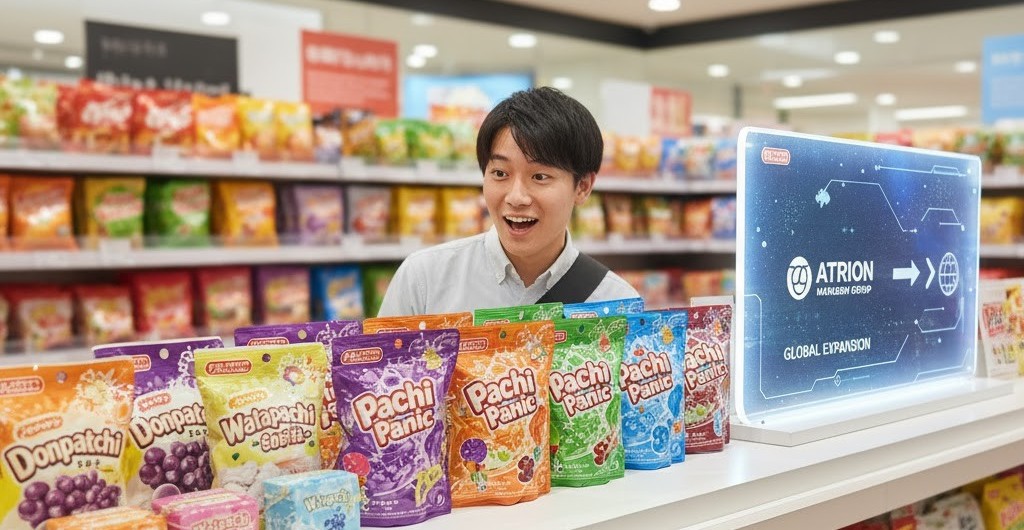 スーパーマーケットの菓子売り場で、ドンパッチ、わたパチ、そして現在の主力商品であるパチパチパニックの様々な味が陳列されている。驚いた表情の若い男性が商品を見ている。