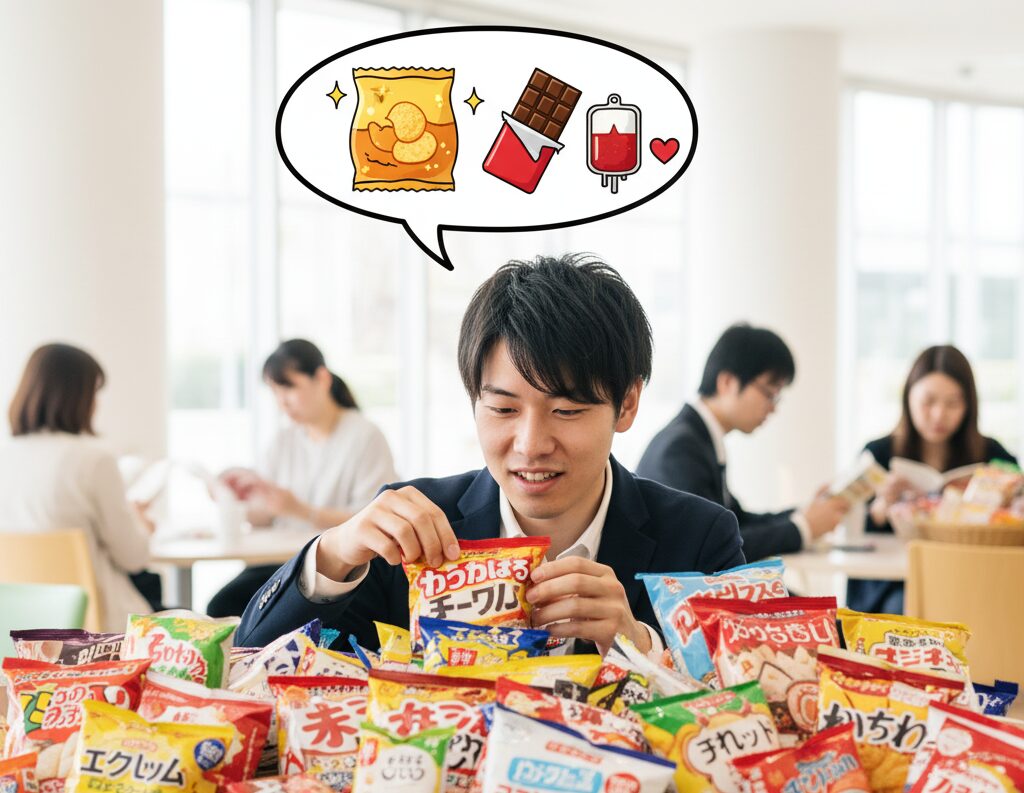 スーツ姿の男性がテーブルに山積みのお菓子を前にして、献血後のお楽しみを想像している様子を描いたイラスト。