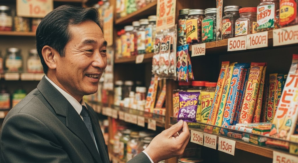 昔ながらの駄菓子屋で、様々な駄菓子が並ぶ棚から「ドンパッチ」らしきお菓子を手に取って懐かしむ中年の男性。昭和の雰囲気が漂う店内で笑顔を見せている。