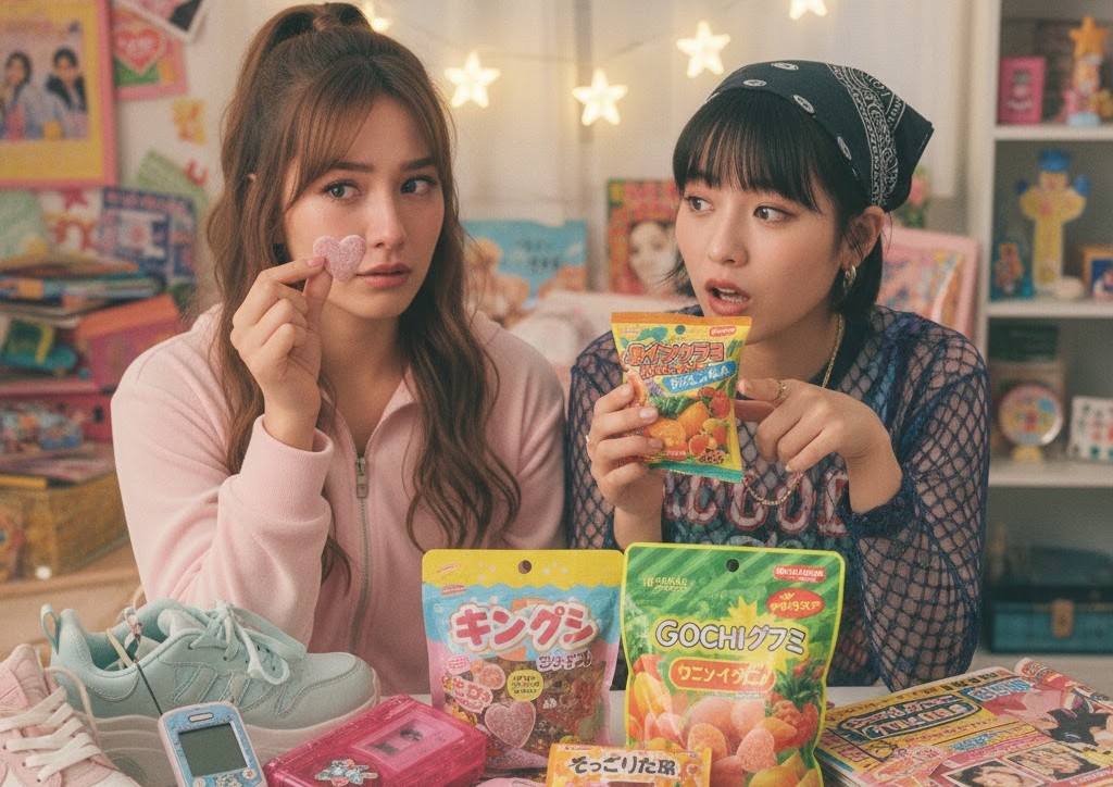 2000年代のファッションの女性二人が、ガラケーや雑誌に囲まれ、「キュン グミ」や「GOCHIグミ」など懐かしいグミを手に思い出に浸っている。