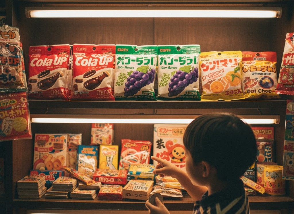 1980年代のスーパーマーケットで、日本初のグミ「コーラアップ」のパッケージを母親と子供たちが見ている様子。