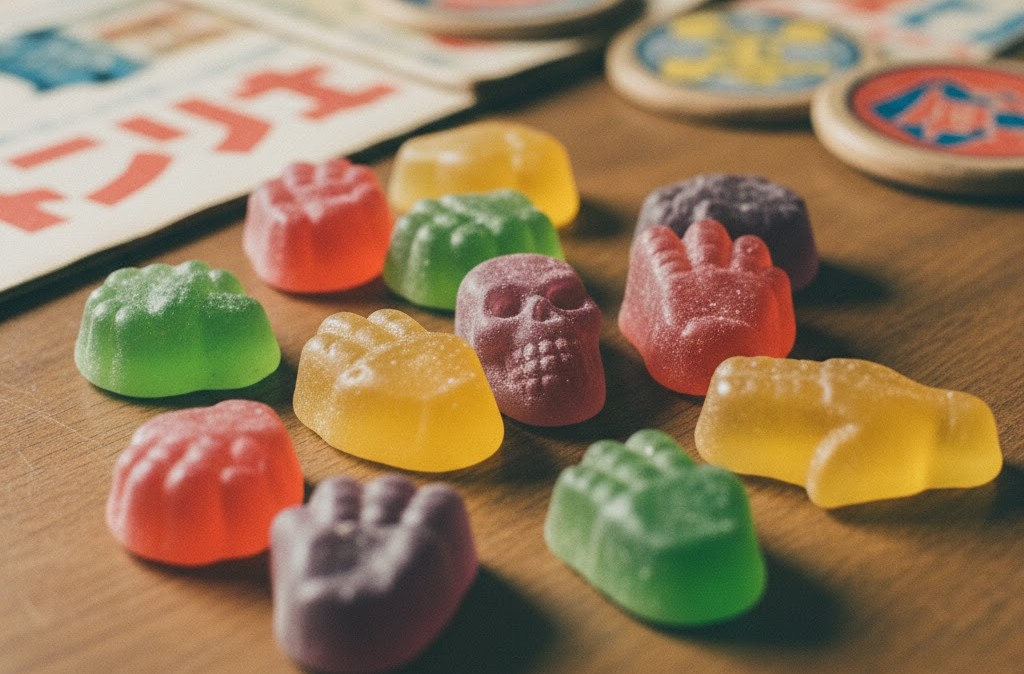 木製のテーブルに置かれた、ガイコツやじゃんけんの手の形をした色とりどりのグミ。昭和時代の「ガイコツビヨーン」や「じゃんけんグミ」を彷彿とさせる懐かしい風景。
