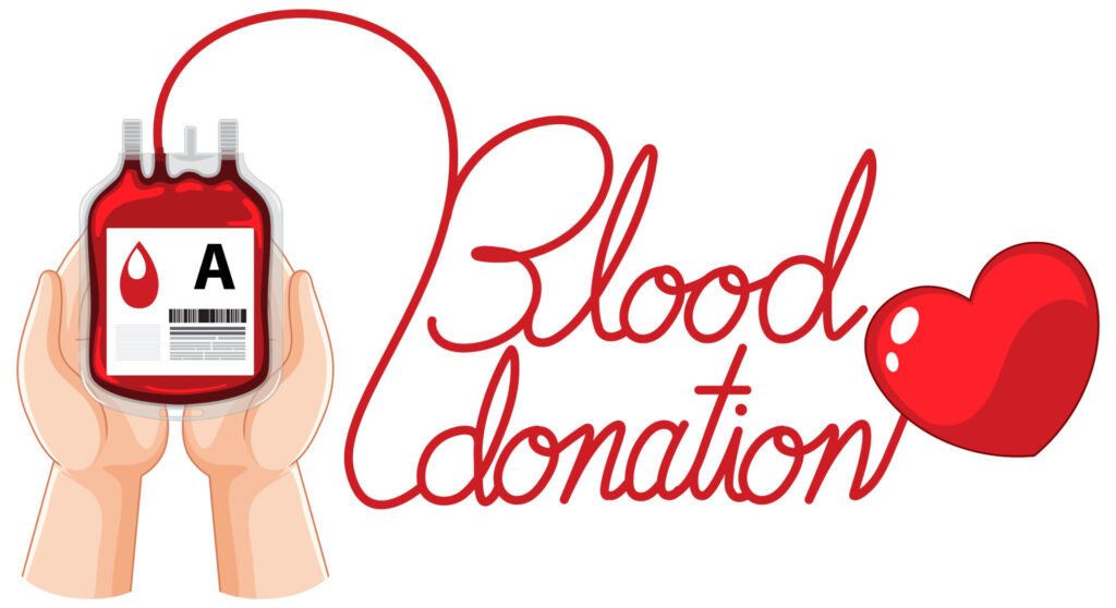 A型の血液が入った血液バッグを両手で優しく包み込むイラスト。「Blood Donation」の文字が添えられ、無償の善意を象徴しています。