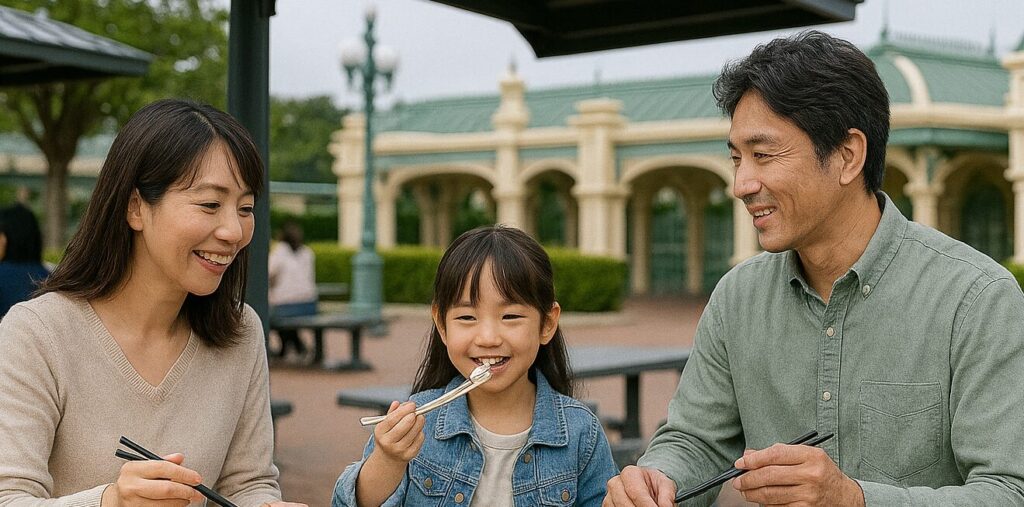 ディズニーランドのピクニックエリアでお弁当を食べる家族。園内への食事持ち込みは禁止されているため、ゲート外の専用エリアを利用します。