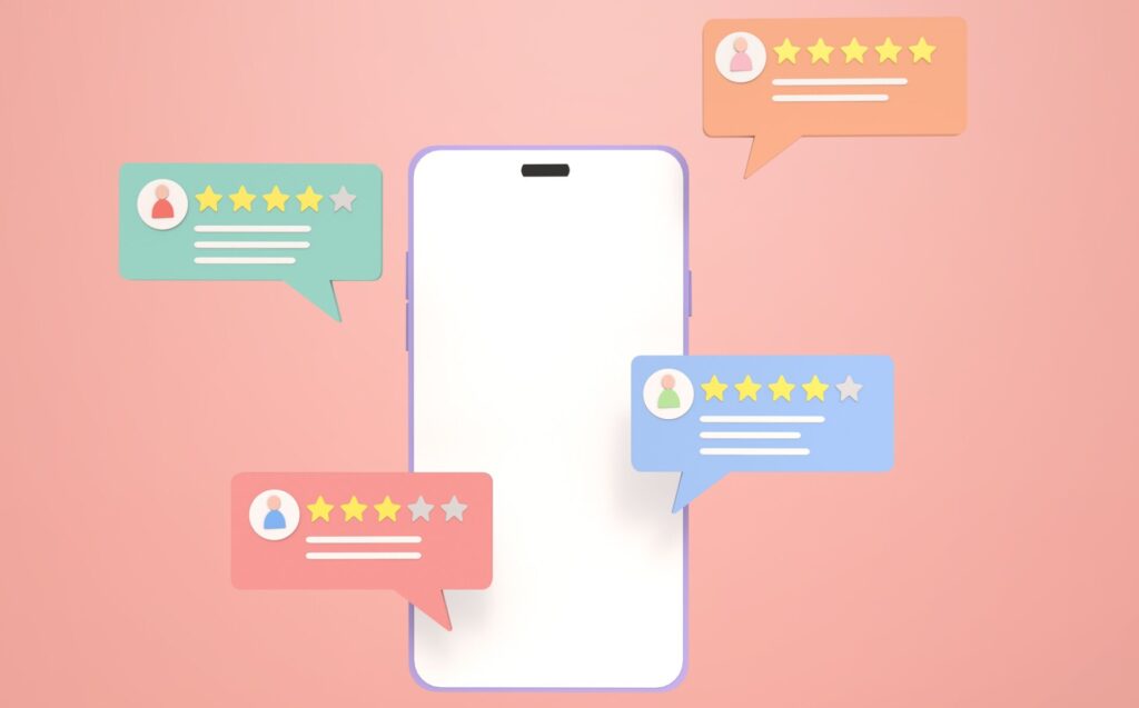 スマートフォンと周囲に浮かぶ複数の吹き出しに入った星評価アイコン。ザビエルの賛否両論の口コミや評判を表現。