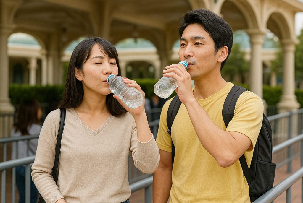 パーク内でペットボトルの水を飲むカップル。水筒やペットボトルの持ち込みは熱中症対策の水分補給として許可されています。