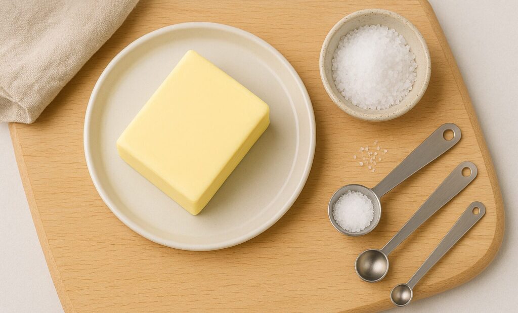 有塩バターの塩分量イメージ：バターのブロックと計量スプーンに入った塩の比較