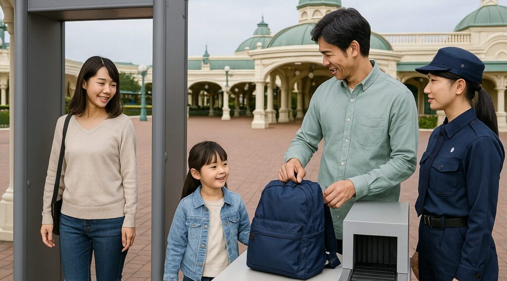 ディズニー入園ゲートで手荷物検査を受ける家族連れ。リュックの中身をキャストに提示してスムーズに通過する様子。