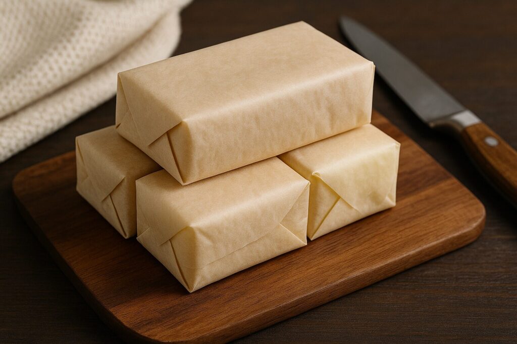 長期保存用に小分けにして紙で丁寧に包まれたカットバターのスタック