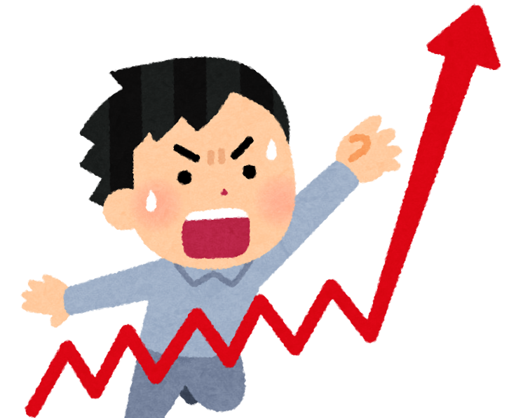 急上昇する折れ線グラフの前で、驚き焦る男性のイラスト。市場データの急激な変動やリスク対応を象徴するイメージ。