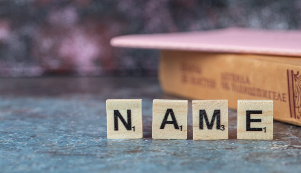 木製ブロックで並べられた「NAME」の文字と本が背景にある写真。データ整理における名称付けやラベル設計を示すイメージ。