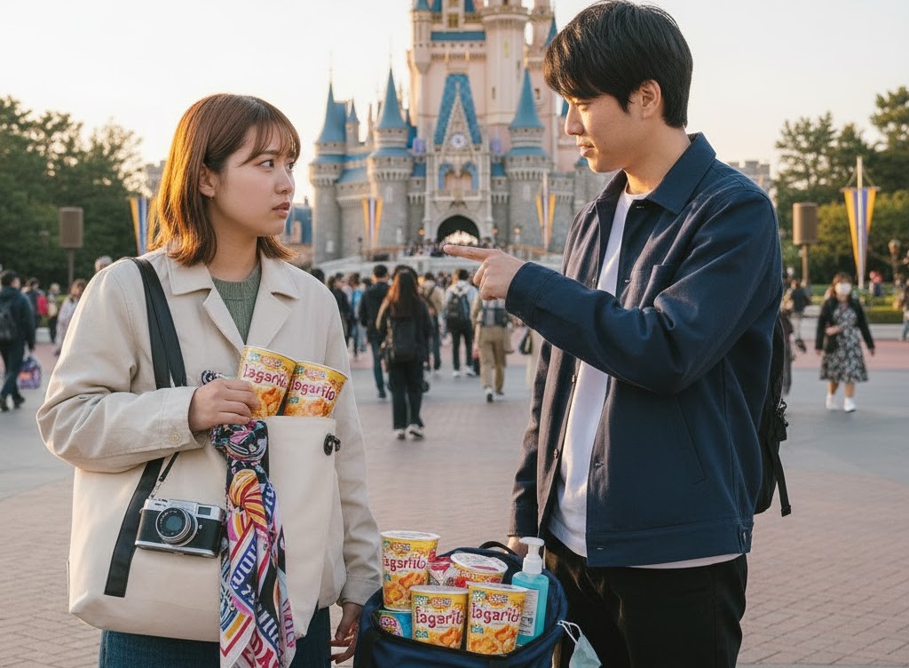 ディズニーランドの城を背景に、バッグに詰めたたくさんの「じゃがりこ」を見ながら持ち込みについて話す日本人カップル。
