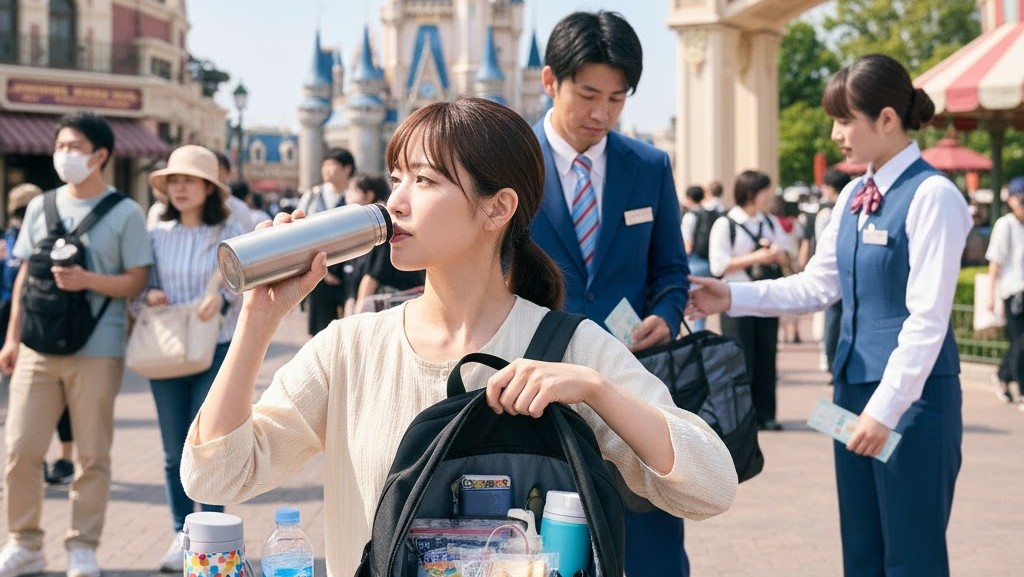 ディズニーランドのピクニックエリア前で、おにぎりやじゃがりこなどの持ち込みについてキャスト(従業員)に尋ねる日本人カップル。