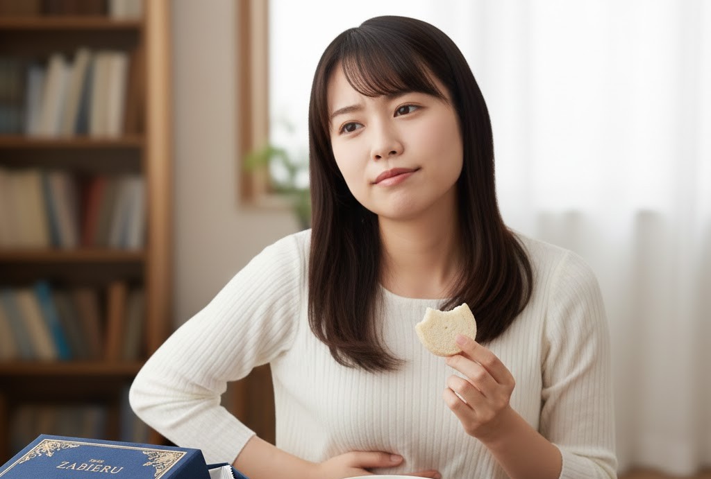 ザビエルを一口食べて、口の中のパサつきを感じ、困った表情を浮かべる女性。