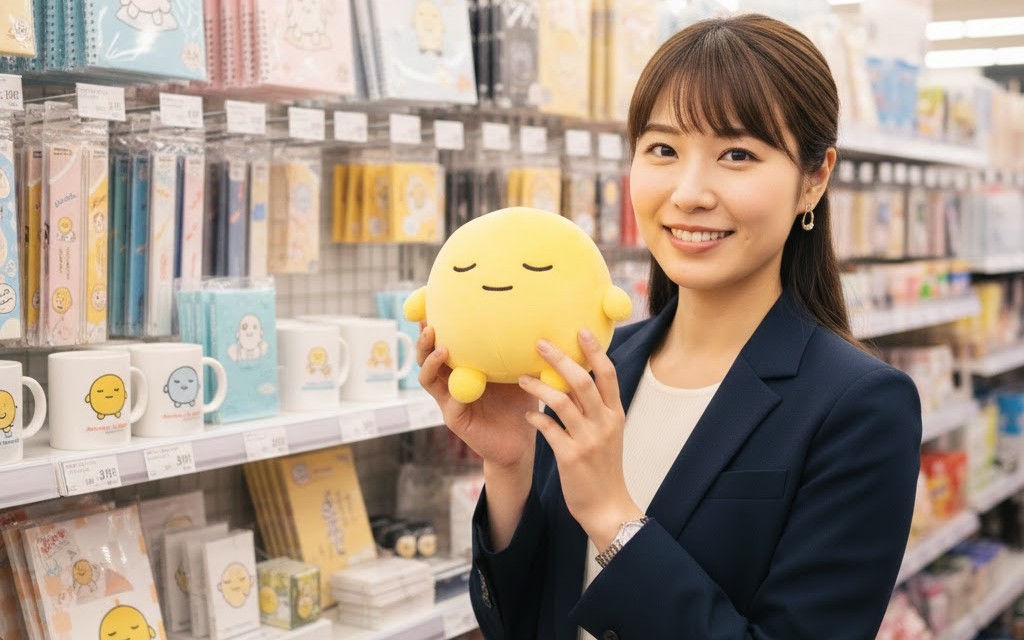 ャラクターグッズが並ぶ売り場で、女性が黄色いキャラクターぬいぐるみを手に微笑む様子。購買データの傾向を象徴するイメージ写真。